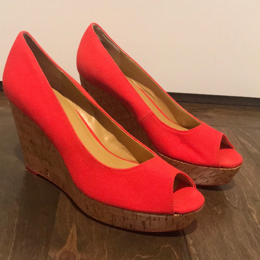 Open toed, Nine West, red cork wedges- sz 8